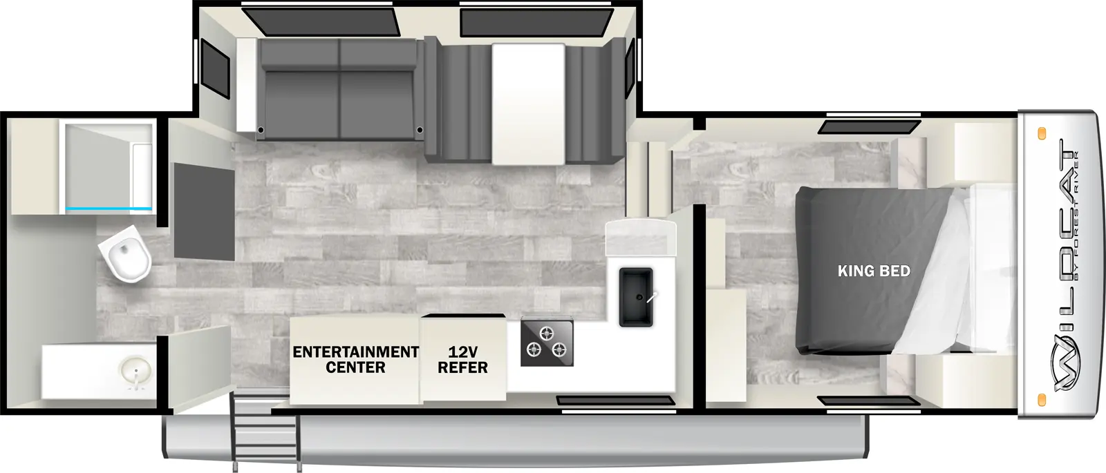 The 27RB has one slideout and one entry. Interior layout front to back: foot-facing king bed; steps down to main living area; off-door side slideout with dinette, and seating; kitchen counter with sink wraps from inner wall to door side with cooktop, 12V refrigerator, entertainment center, and entry; rear full bathroom.